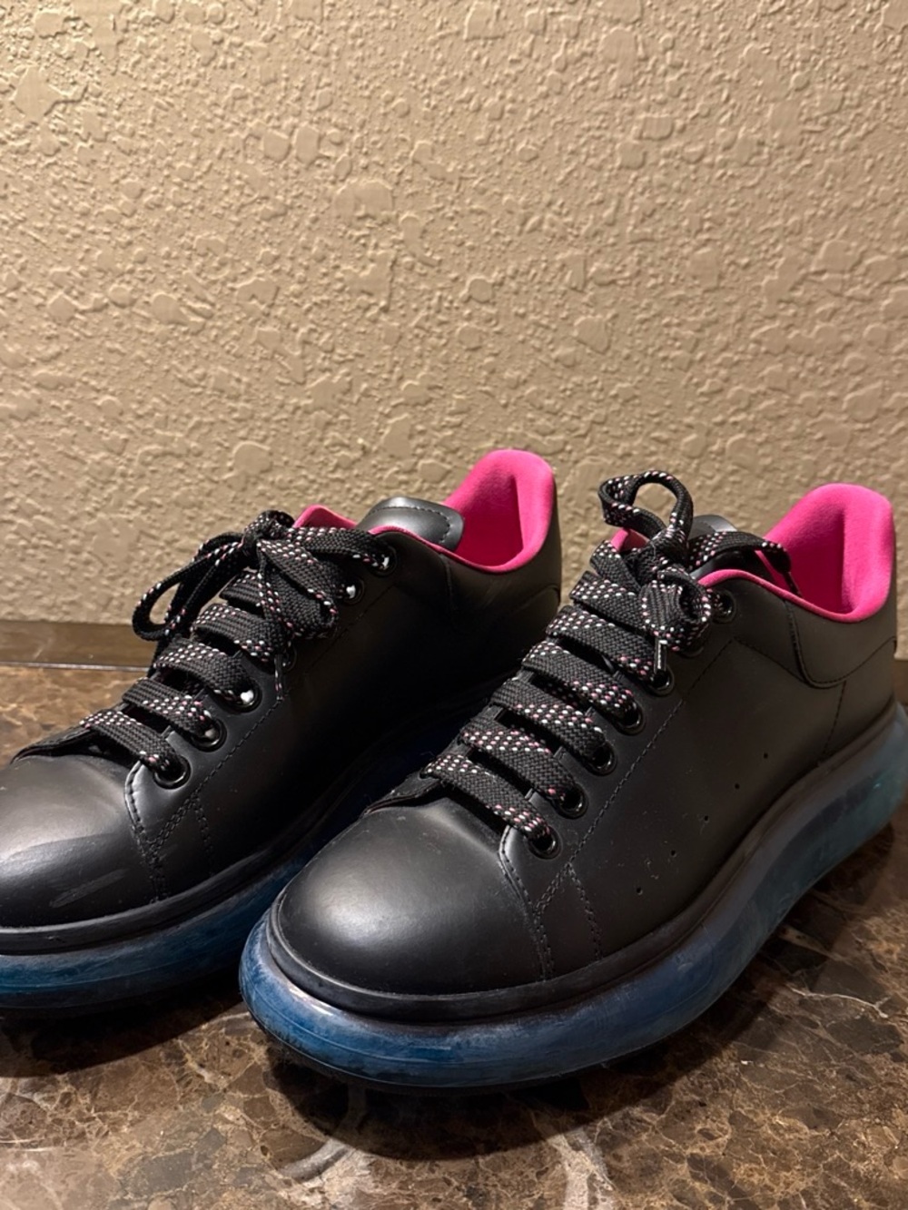 Alexander McQueen Black Leather Sneakers with Pink Interior and Blue Platform